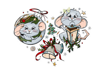 Vector colored sketch of Christmas objects, funny rats with a magic lantern, ball, bells, snowflakes, stars. Set of New year elements isolated on white. Hand-drawn design elements. 