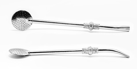 matt metal pump, cup of mate, called chimarrão, from South America. White isolated background, utensil for mate herb, Brazilian bowl for mate.