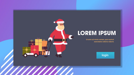santa claus pulling trolley cart with gift present boxes merry christmas happy new year winter holidays celebration concept horizontal flat copy space vector illustration