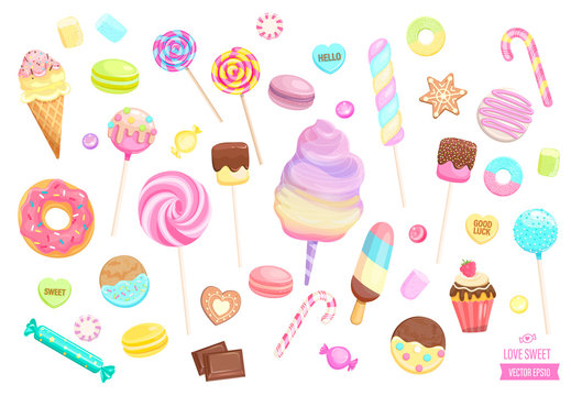 Big set isolated sweets on white background-ice cream,candy,macaroon,cupcake,lollipop,caramel,marmalade.Template for confectionery,sweet banner and poster,advertise for candyshop. Vector illustration