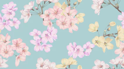 Zelfklevend Fotobehang Floral seamless pattern, colorful Somei Yoshino sakura flowers on blue © momosama