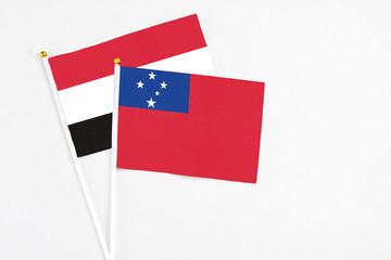 Samoa and Egypt stick flags on white background. High quality fabric, miniature national flag....