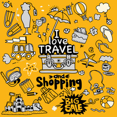 I love travel and shopping , Vector illustration of travel doodles sketch icons