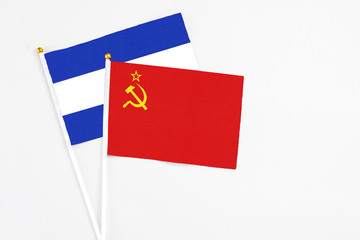 Soviet Union and El Salvador stick flags on white background. High quality fabric, miniature national flag. Peaceful global concept.White floor for copy space.