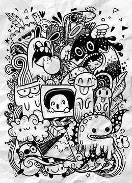 Abstract grunge urban pattern with monster character, Super drawing in graffiti style,background. Vector illustration