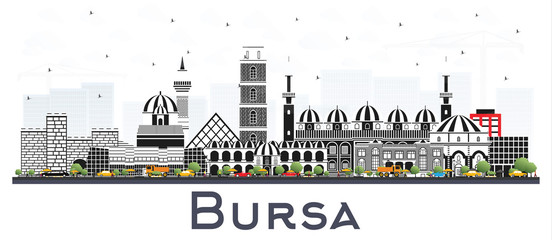 Bursa Turkey City Skyline with Color Buildings Isolated on White.