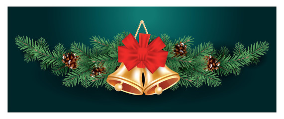 Christmas Decoration with Two Golden Bells and Red Bow on Fir Tree Branches with Cones.
