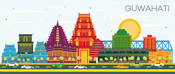 Guwahati India City Skyline with Color Buildings and Blue Sky. - obrazy, fototapety, plakaty