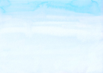Watercolor light blue and white background texture. Pastel blue and white ombre backdrop.  Stains on paper.