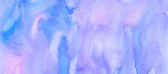 Watercolor blue and purple background texture. Aquarelle abstract backdrop on textured paper. Watercolour stains horizontal trendy template. 