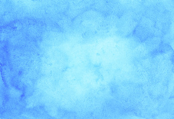 Watercolor light blue background texture hand painted. Watercolour sky blue stains on paper. 
