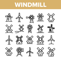 Windmill Building Collection Icons Set Vector Thin Line. Ancient Windmill For Flour Production And Electrical Wind Turbine Concept Linear Pictograms. Monochrome Contour Illustrations
