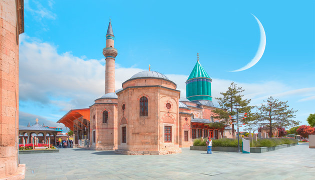 Mevlana Museum Mosque With Crescent Moon - Konya, Turkey