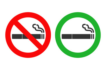 Signs showing non smoking areas and allowed smoking spots. cigarette vector icon.