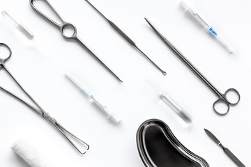 Instruments for plastic surgery on white background top view flat lay pattern