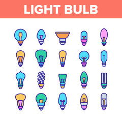 Light Bulb Collection Elements Icons Set Vector Thin Line. Electricity Energy Saving And Incandescent Light Bulb, Led And Fluorescent Lamp Concept Linear Pictograms. Color Contour Illustrations