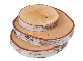 Cross circular saw cut of the trunk of a young birch tree is used for the manufacture of decorative objects isolated