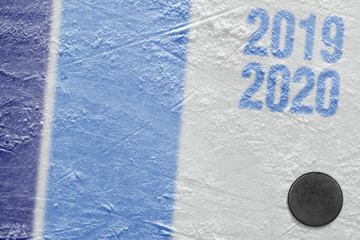 Fragment of an ice hockey arena, puck and blue lines