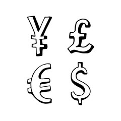 Money icons illustration. Vector hand draw style signs.