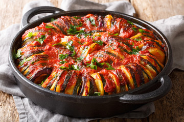 Traditional Greek briam made of vegetables close-up in a pan. horizontal