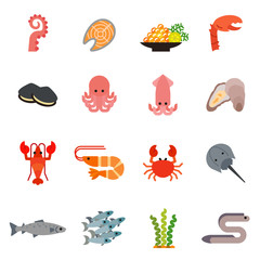 Fish and Seafood set design flat icons set with white background.