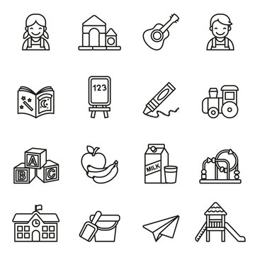 Kindergarten, Preschool, Objects Icons Set, Kids, Education, Learning and Study Concept icons set on white background. Line Style stock vector.