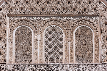 Wood carving detail inside the Medersa Bou Inania (coranic school) in the medina of Fès.