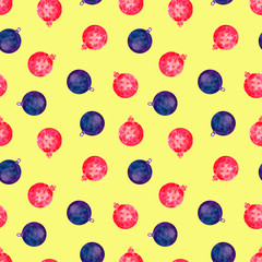 Seamless christmas pattern. watercolor christmas balls on a yellow background. holiday print for cards, textiles, wrappers, fabrics.
