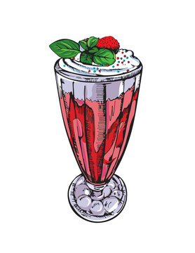 Vector image of summer cocktail Strawberry shake. Milk drink. Vector hand drawn illustration.