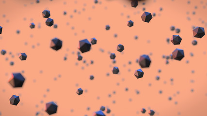 icosahedrons floating in front of an orange  background, abstract scene with geometric objects with depth of field