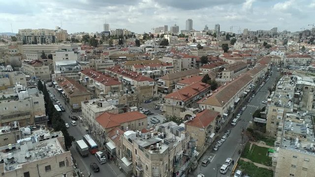Aerial footage of Mea Shearim neighborhood in the heart of Jerusalem, israel
