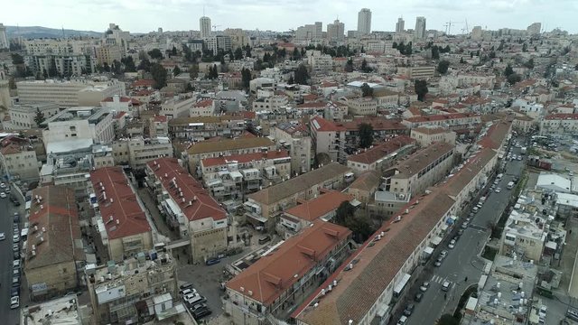 Aerial footage of Mea Shearim neighborhood in the heart of Jerusalem, israel