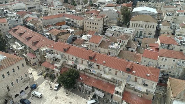 Aerial footage of Mea Shearim neighborhood in the heart of Jerusalem, israel