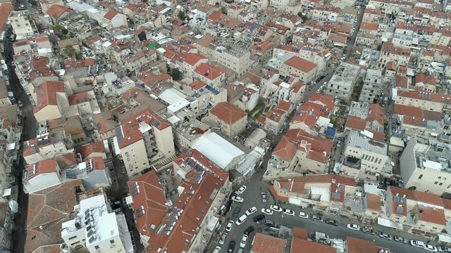 Aerial footage of Mea Shearim neighborhood in the heart of Jerusalem, israel