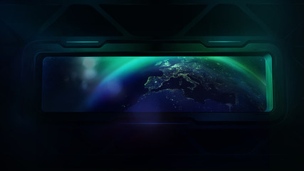 Earth from the porthole of the spaceship, 3D render