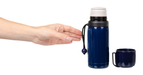 Dark blue thermos with mug. Isolated on white.