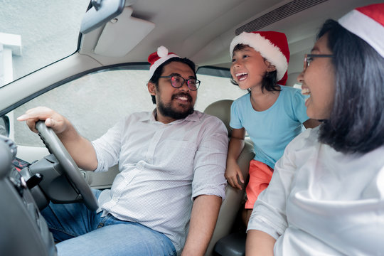 Family On Vacation Driving A Car. Enjoy Family Christmas Holiday Trip Together