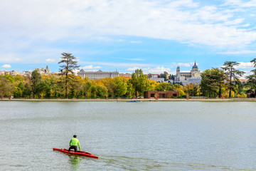 Students of a canoeing school in the lake of the Casa de Campo in Madrid