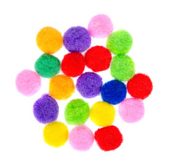 Colored pom pom, party and sewing decoration. Isolated on white. - obrazy, fototapety, plakaty