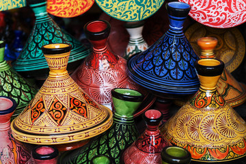 Colourful tajines (tagines). Traditional Moroccan pottery.