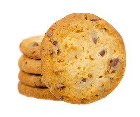 Round cookie with chocolate drops. Isolated on white.