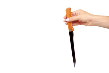Hand with kitchen knife, home utensil, wooden handle.