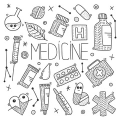 Medicine objects vector concept in doodle style. Hand drawn illustration for printing on T-shirts, postcards.
