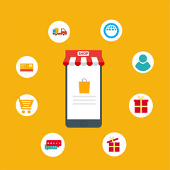 Flat design vector illustration icons of Online Shop Marketplace with smartphone Isolated on colored background
