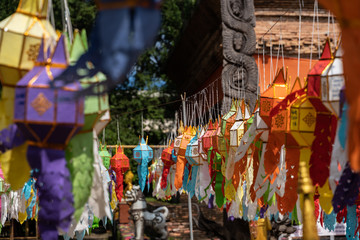 Fototapeta na wymiar Temple in Chiang Mai, Thailand during the celebration of the Loy Krathong festival