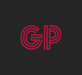 Initial two letter red line shape logo on black vector GP