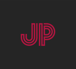 Initial two letter red line shape logo on black vector JP