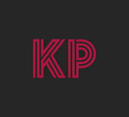 Initial two letter red line shape logo on black vector KP