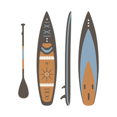 SUP board with paddle three sides. Three projections vector illustration. Surfboard types. Icon. Surfboard figure. Stand Up Paddle boarding elements.