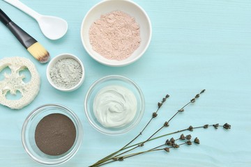 Green, pink and black cosmetic clay, natural beauty products, organic skin care.